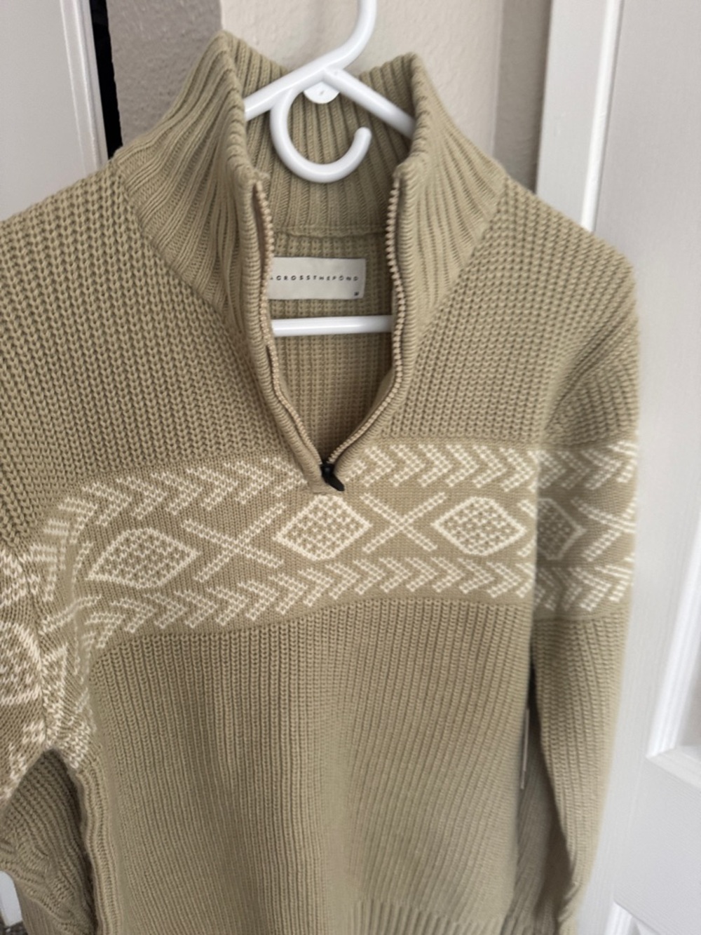 Men’s Half-Zip Knit Sweater in Tan with Cream Pattern - Picture 7 of 9